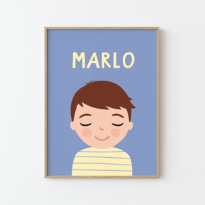 Personalisiertes Portrait Junge mit braunen Haaren | blau gelb | Illustration | Poster für Kinder | Kinderzimmer Spielzimmer