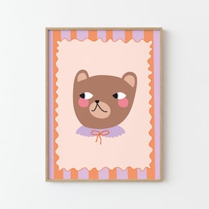 Bär mit Streifen Poster | Illustration | Poster für Kinder | Bild | Kinderzimmer Spielzimmer | girly vintage | lila orange