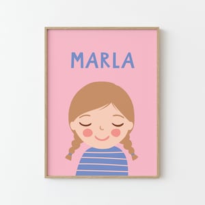 Personalisiertes Portrait Mädchen mit dunkelblonden Haaren | rosa blau | Illustration | Poster für Kinder | Kinderzimmer