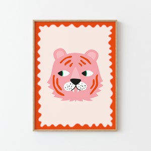 Impresión de tigre rosa / Ilustración / Póster para niños / Decoración de pared / Habitación infantil / Estampados de animales / Naranja rosa