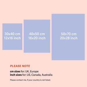 May include: Three different sizes of prints are shown in blue on a light pink background. The sizes are 12x16 inches, 16x20 inches, and 20x28 inches. The text "PLEASE NOTE" is in orange below the prints. The text "cm sizes for: UK, Europe" and "inch sizes for: US, Canada, Australia" is in black below the note. The text "Please contact me, if your country is not listed." is in black below the sizes.