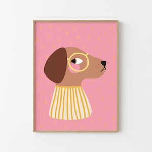 Lámina de perro con gafas amarillas / Ilustración / Póster infantil / Decoración de pared / Habitación infantil / Amarillo rosa
