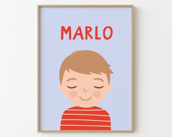 Personalized Portrait Boy with darkblonde hair | 30x40 50x70 | lightblue red | Illustration | Poster for Kids | Wall decor | children's room