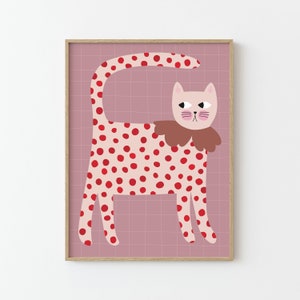 Cat Print | red polka dots | Illustration | Poster for Kids | Wall decor | children's room nursery