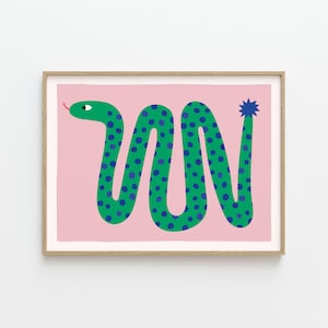Estampado de serpiente / lunares azules / Ilustración / verde y rosa / Póster infantil / Decoración de pared / Habitación infantil