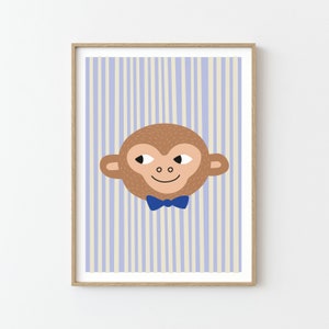 Affe Druck | Illustration | Poster für Kinder | Wanddekor | Kinderzimmer Kinderzimmer | Streifen | blaue Schleife