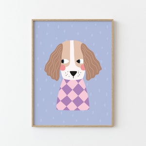 Impression chien | Illustration | Poster pour enfants | Décoration murale | chambre d'enfants | rose lilas bleu | Vichy