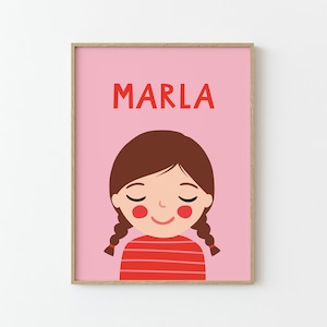 Retrato personalizado de niña con cabello castaño / rojo rosa / Ilustración / Póster para niños / Decoración de pared / Habitación infantil