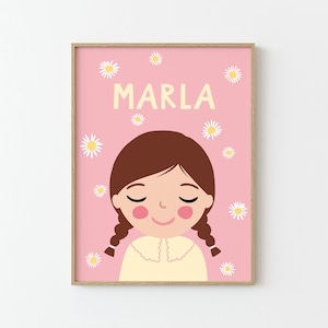 Retrato personalizado de niña con cabello castaño y flor de margarita / Ilustración / Póster para niños / Decoración de pared / Habitación infantil / Rosa