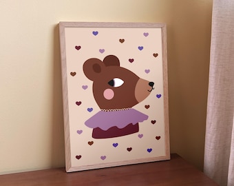 Stampa con orso per la cameretta - Decorazione per la cameretta a tema bosco, simpatico quadro con animali, poster per la stanza dei bambini