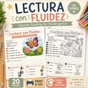 以下が含まれることがあります： スペイン語の幼稚園向け読解練習用ワークシート2枚。1枚は蝶と花のカラフルなイラスト付きの読解問題、もう1枚は猿のイラストが描かれた白黒のワークシートで、どちらも質問が記載されています。