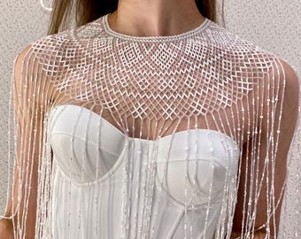 White Beaded Bridal Cape Necklace, Handmade Pearl Fringe Shoulder Collar, Wedding Statement Jewelry