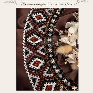 May include: A beaded necklace featuring a geometric pattern in black, white, and rust-coloured beads. The text reads: Silyanka Beading pattern, Ukrainian-inspired beaded necklace, KristenStyle, PDF Digital Download, Handmade with love.