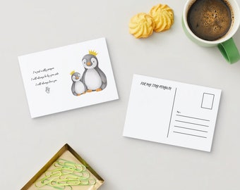 Instant download postcard, penguin illustration, 5 x 7 PDF postcard, digital postcard, Doublesided postcard