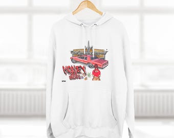 Caprice Sports Coupe Money Drugs Three-Panel Fleece Hoodie, Hooded Sweatshirt, BCM Box Chevy Movement, Streetwear, Urban Fashion, Hip Hop