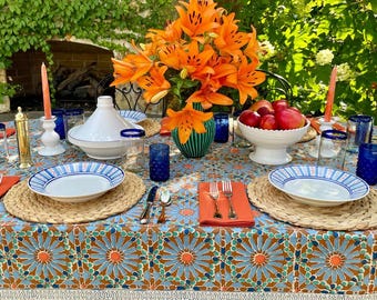 Moroccan Tablecloth, Batik Tablecloth, Block Printed Linens, Indian Print Tablecloth, Kitchen Gift, Garden Decor - Mosaique Bleue
