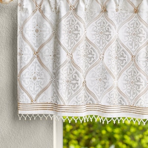 White Window Valance, Kitchen Beaded Valance, Window Valance, Beaded Curtains, Cafe Valance, Block Printed Valance, Decor ~ White Valance