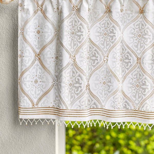 Valances for Windows, Beaded Valance, Window Valance, Beaded Curtains, Kitchen Valance, Cafe Valance,  Block Printed Valance ~ White Valance