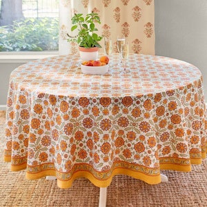 Orange Blossom round tablecloth block printed - Orange persian tablecloth - Cottagecore decor - Garden Decor