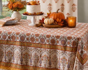 Indian Tablecloth Rectangle - Luxury fabrics and unique woodblock prints, handcrafted in India, Kitchen Gift - Orange Blossom