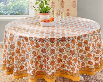 Orange Blossom round tablecloth block printed - Orange persian tablecloth - Cottagecore decor - Garden Decor