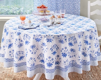 Outdoor Round Tablecloth, Blue and White Tablecloth, Block Printed Table Linens, Sunroom Tablecloth, Blue Floral Tablecloth, English Gardens