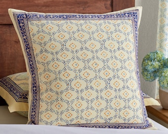 Morning Dew (CP) ~ Yellow Patterned Euro Sham, Wood Block Printed Cushion Cover, Asian Throw Pillow, Sofa Pillow, Decorative Ethic Pillow
