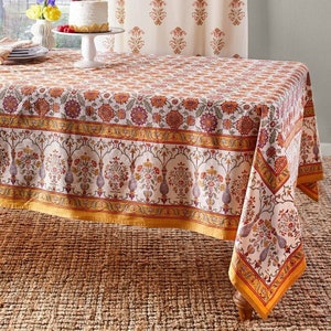 Indian Tablecloth Rectangle - Luxury fabrics and unique woodblock prints, handcrafted in India - Orange Blossom