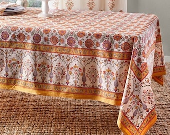 Indian Tablecloth Rectangle - Luxury fabrics and unique woodblock prints, handcrafted in India - Orange Blossom