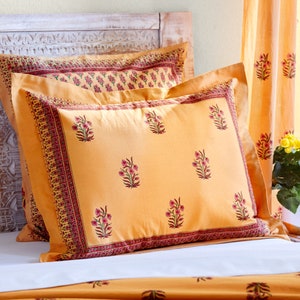 Mango Orange Sham, India Sari Pillow Sham, Standard Cotton Pillow Cover, Block Printed Fabric Sham, Floral Pillow Case ~ Indian Summer (CP)