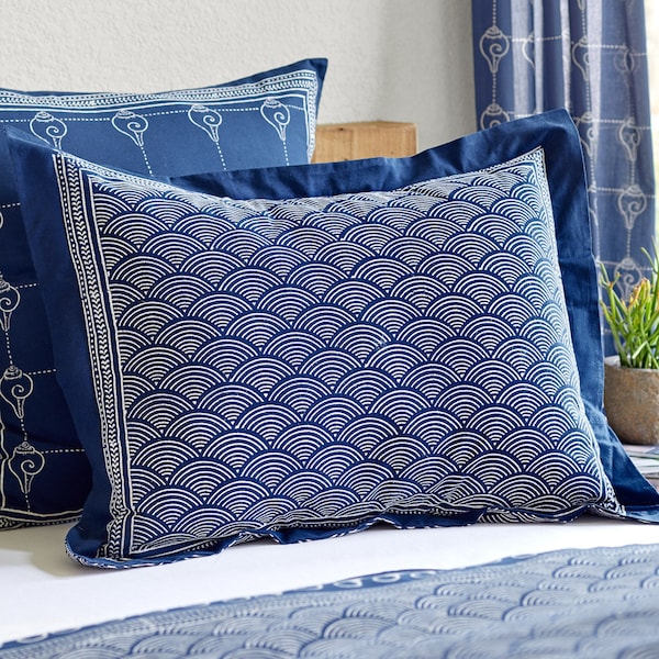 Pacific Blue ~ Navy Blue Pillow Sham, Oriental Print Pillow, Asian Pillow Sham, Rustic Home Decor, Gipsy Block Print, Indian Cushion Cover