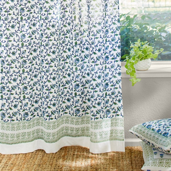 Moonlit Taj ~ Block Print Curtains, Tab Top Curtains, Floral Curtain Panels For Kitchen, Sheer Blue Curtains, Rustic Modern Curtains, Indian