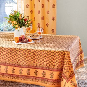 Spring Table Cloth, Rectangle Tablecloth, Indian Block Print, Orange Tablecloth, Kitchen Gift, Kantha Table Cloth, Garden - Indian Summer