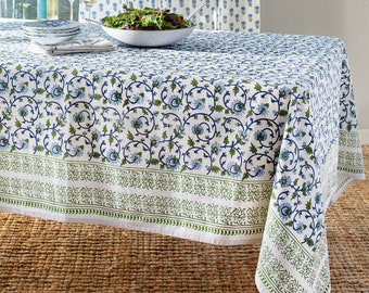 Indian Block Print Tablecloth, Rectangle Tablecloth, Kitchen Gift, Garden Decor, Green Hand Blocked Tablecloth,Luxury Tablecloth,Moonlit Taj