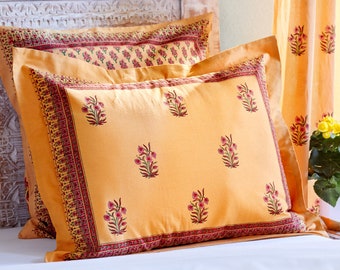 Mango Orange Sham, India Sari Pillow Sham, Standard Cotton Pillow Cover, Block Printed Fabric Sham, Floral Pillow Case ~ Indian Summer (CP)