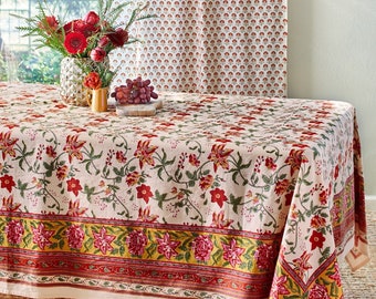 Indian Block Printed Tablecloth, Moroccan Tablecloth, Marrakesh Dining Table, Rectangle Tablecloth, Marrakesh Inspired - Tropical Garden