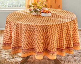 Orange Paisley Tablecloths, Round Tablecloth, Indian Print, Block Printed Cover, Indian Print Tablecloth, Ethnic Table Decor ~ Indian Summer