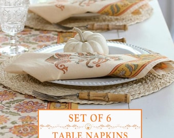 Set Of 6 Napkins, Indian Block Print Napkins, Orange Cotton Napkins, Table Napkins, Kitchen Gift, Fall Party Supplies ~ Orange Blossom