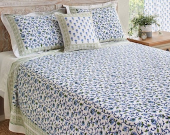 Moonlit Taj ~ Floral Bedspread, Blue Coverlet, Indian Print Bedspread, Kantha, Handmade Bedspread, Hand Block Coverlet, Bedspread Turquoise