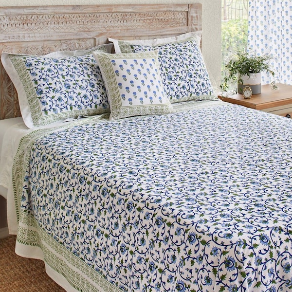 Taj iluminado por la luna ~ Colcha floral, cubrecama azul, colcha con estampado indio, Kantha, colcha hecha a mano, cubrecama con estampado a mano, colcha turquesa