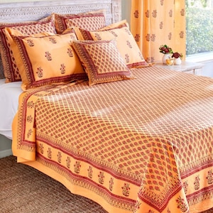 Soft Moroccan Bedspread, Cotton Bed Cover, Orange Turkish Bedding, Red Marrakesh Sheeting, Vibrant Bedspread, Cottagecore ~ Indian Summer