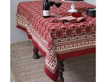 Red Indian Tablecloth ~ Handcrafted artisanal textiles, block printed in India ~ Ruby Kilim