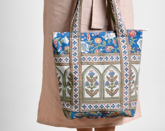 Tote Bag With Pockets ~ Luxury fabrics and unique woodblock prints, handcrafted in India ~ Enchanted