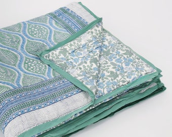 Woodland Quilt, Jaipuri Razai Quilt, Indian Quilting, Block Printed Quilt, Indian Comforter, Jaipuri Quilting, Gift - Woodland Ferns