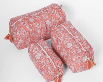 Set Of 3 Quilted Cosmetic Bags, Block Printed Toiletry Bags, Quilted Makeup Bags, Travel Accessories, Coral Flowers ~ 14 designs available