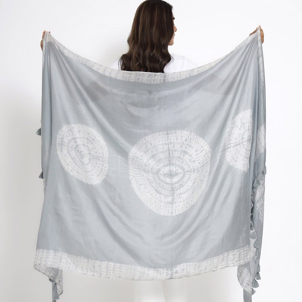 Silver Grey Shibori Silk Scarf, Shibori Dyed Shawl, Tie Dye Scarf For Women, Indian Wrap, Chic Parisian Scarves ~ Onyx, Saffronmarigold