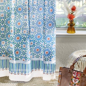 Moroccan Sheer Curtain ~ Heritage floral prints, block printed in India ~ Mosaique Bleue - Sky