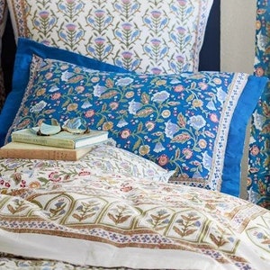 Block Print Pillow Case, Standard Pillow Case, Cotton Pillow Sham, Blue Floral Cushion Cover, Indian Block Print, Cottage ~ Enchanted Blue