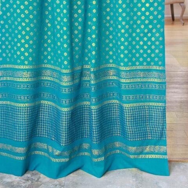 Turquoise Sari curtains - Indian hand block printed curtains - Teal sheer curtains - Jeweled Peacock