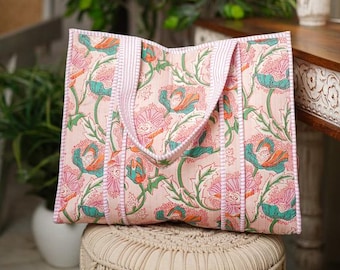 Pink Quilted Tote Bag, Cotton Tote Bag, Travel Gifts Accessories, Big Grocery Bag, Girly Tote Bag, Ballet of Poppies ~ 10 designs available